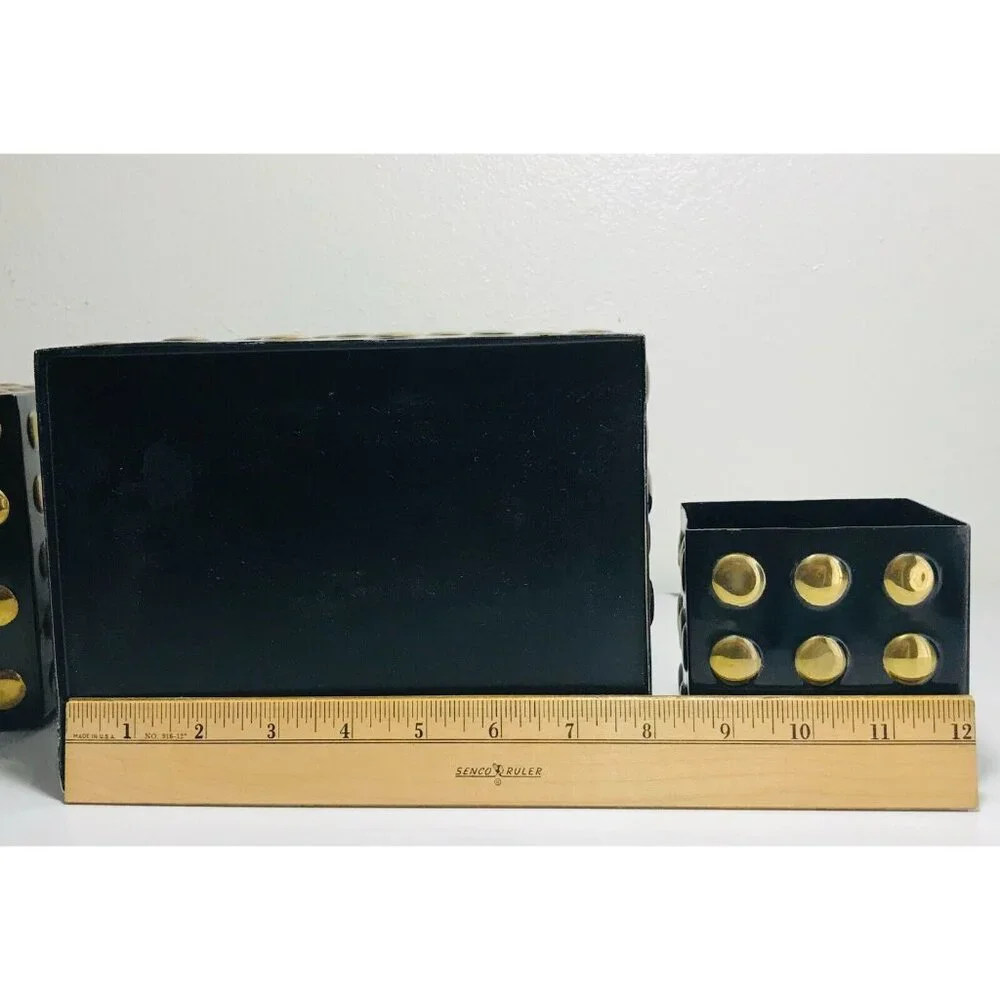 3 Piece Set Black & Gold Polka Dot Bathroom Trash Tissue Nesting Matching Metal